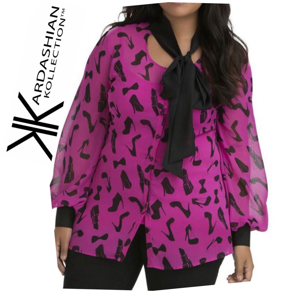 Kim Kardashian Kurves 18W blouse pink/black *heels lipstick print 
plus size